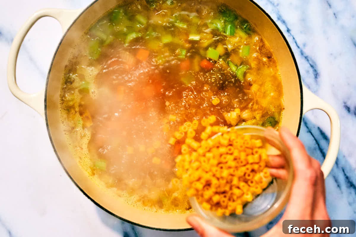Vegan Italian Wedding Soup Recipe with Plant-Based Meatballs 11 Pasta being added to a pot of vegan Italian Wedding Soup.