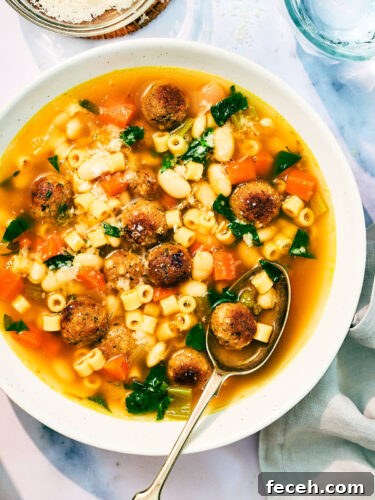 Vegan Italian Wedding Soup Recipe with Plant-Based Meatballs 15 Vegan Italian Wedding Soup in a bowl with a spoon.
