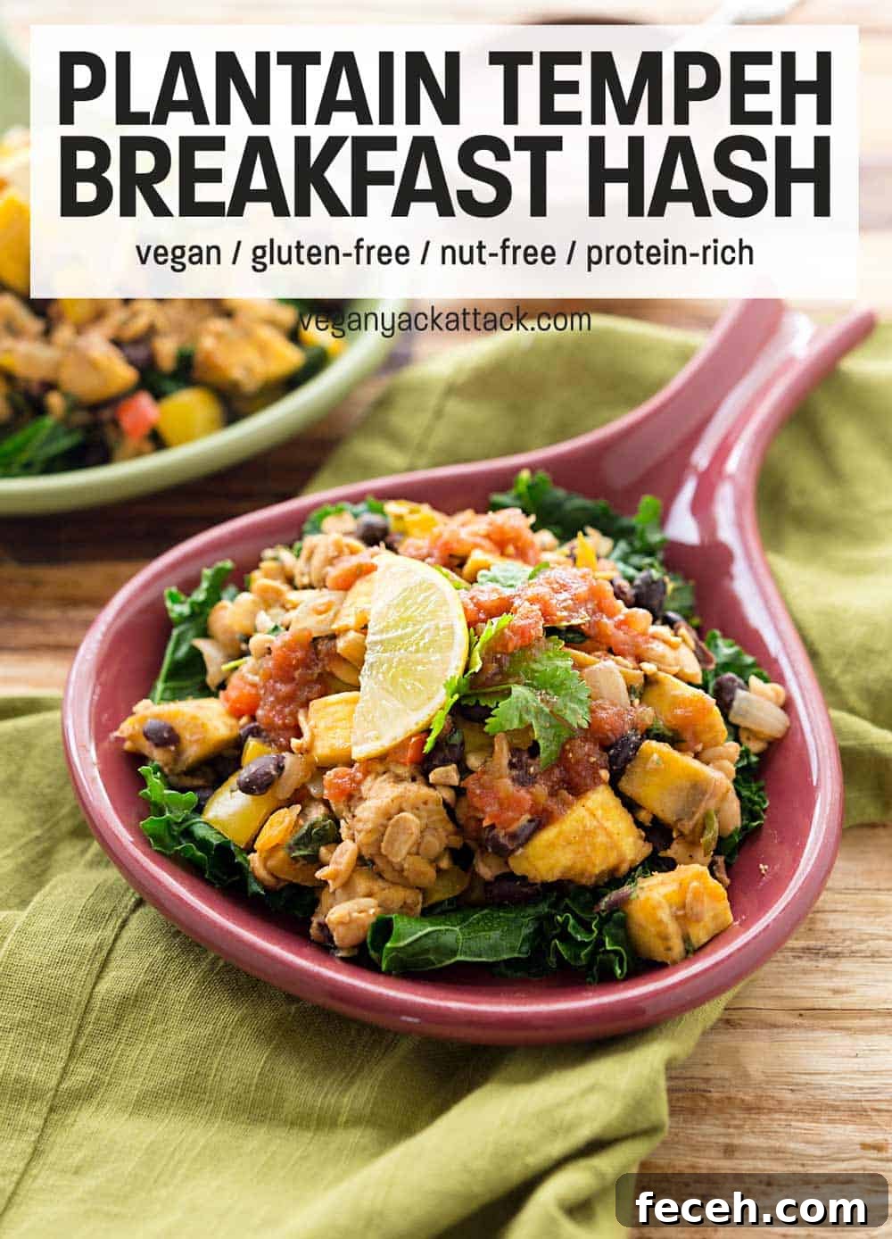 Plantain Tempeh Breakfast Hash in two ceramic serving dishes
