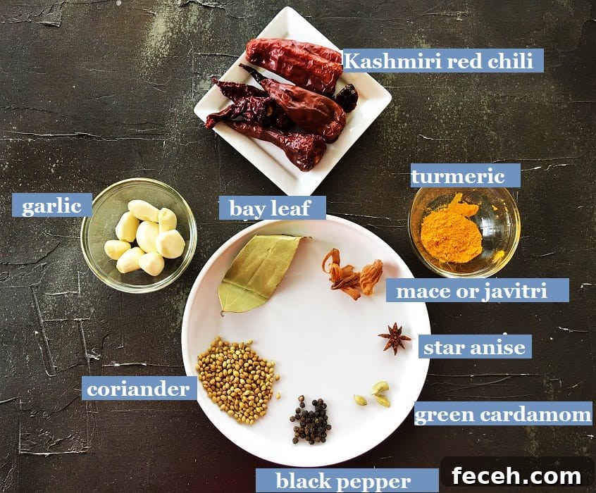 Special Masala paste ingredients on a black board for making the Junglee Maas recipe