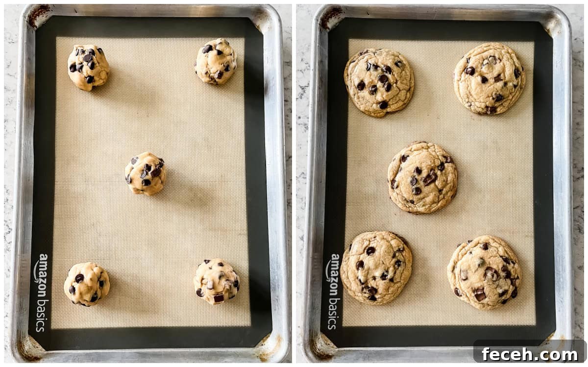 unbaked and baked chocolate chunk cookies on a cookie sheet