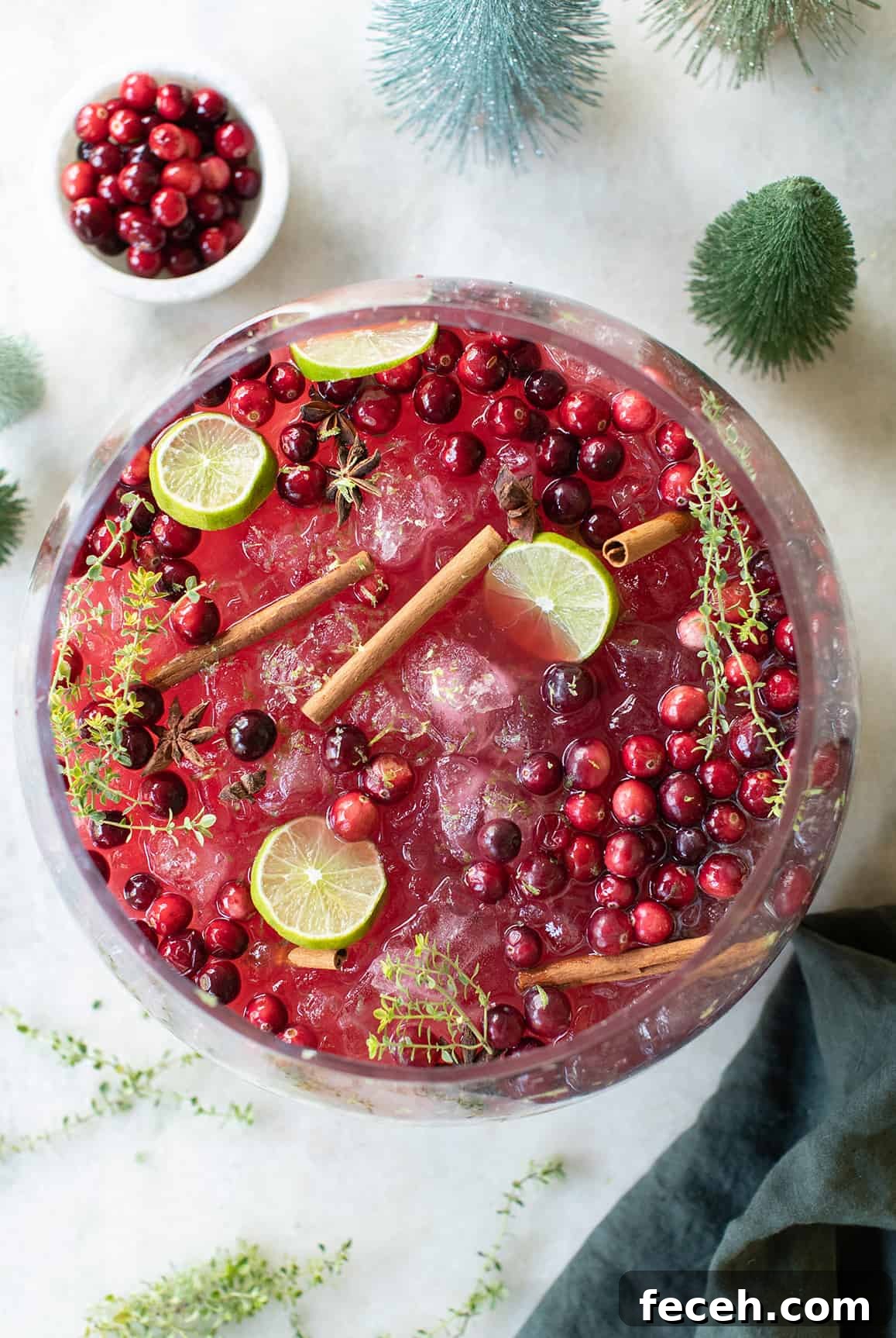 Festive Nonalcoholic Christmas Punch Recipe for Holiday Parties 2 Christmas punch no alcohol with cinnamon sticks and lime slices.