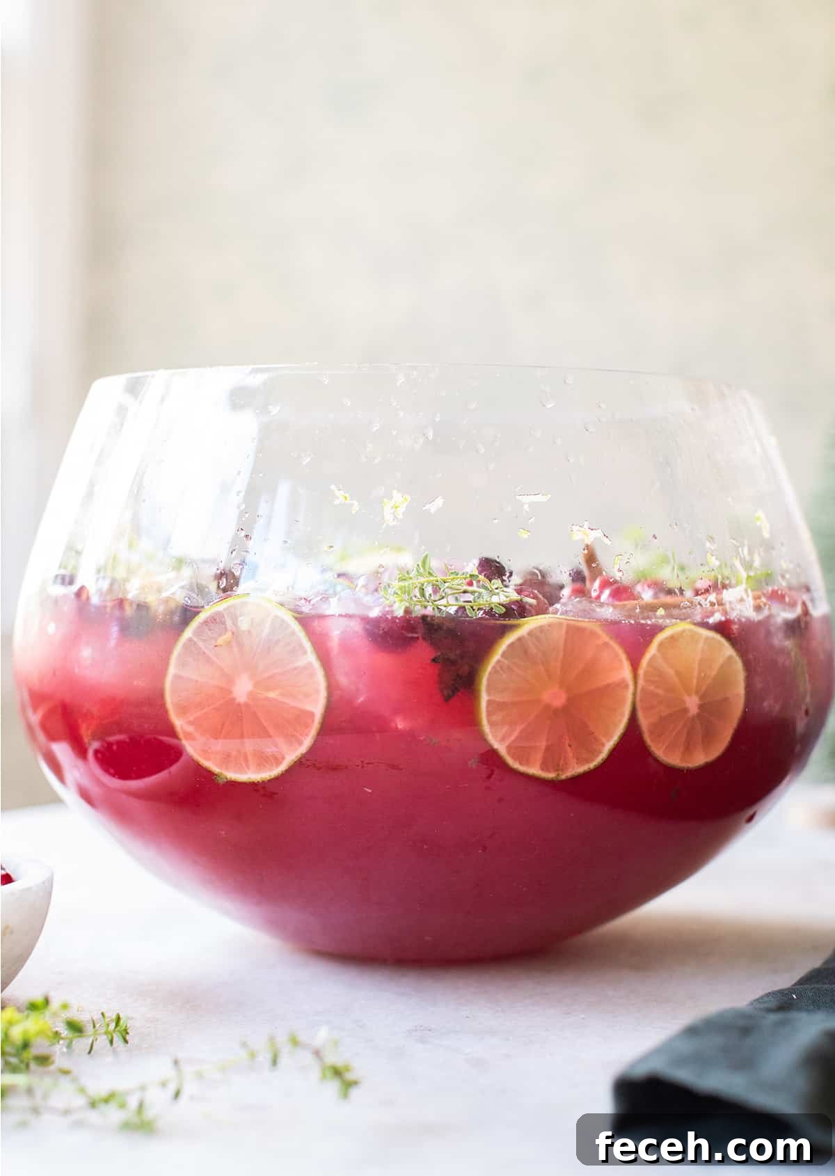 Festive Nonalcoholic Christmas Punch Recipe for Holiday Parties 3 Red Christmas punch with lime slices.