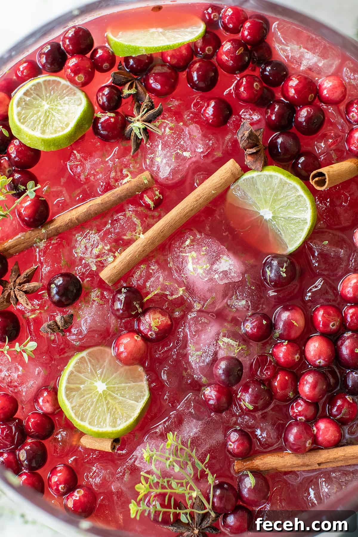 Festive Nonalcoholic Christmas Punch Recipe for Holiday Parties 6 A Christmas drink with cinnamon sticks, limes, cranberries and thyme.