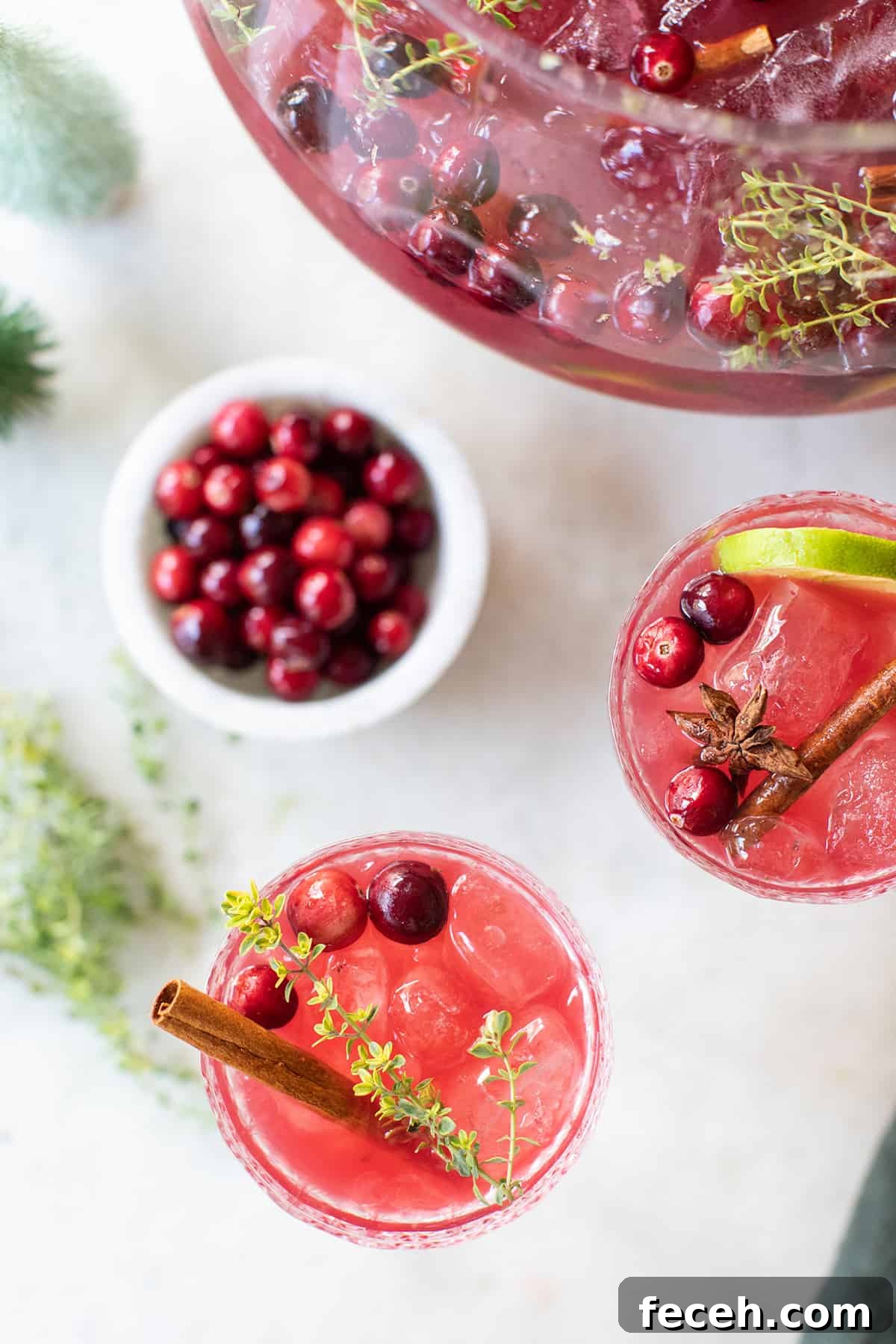 Festive Nonalcoholic Christmas Punch Recipe for Holiday Parties 8 Glasses filled with red punch and cranberries garnished with cinnamon sticks and thyme.