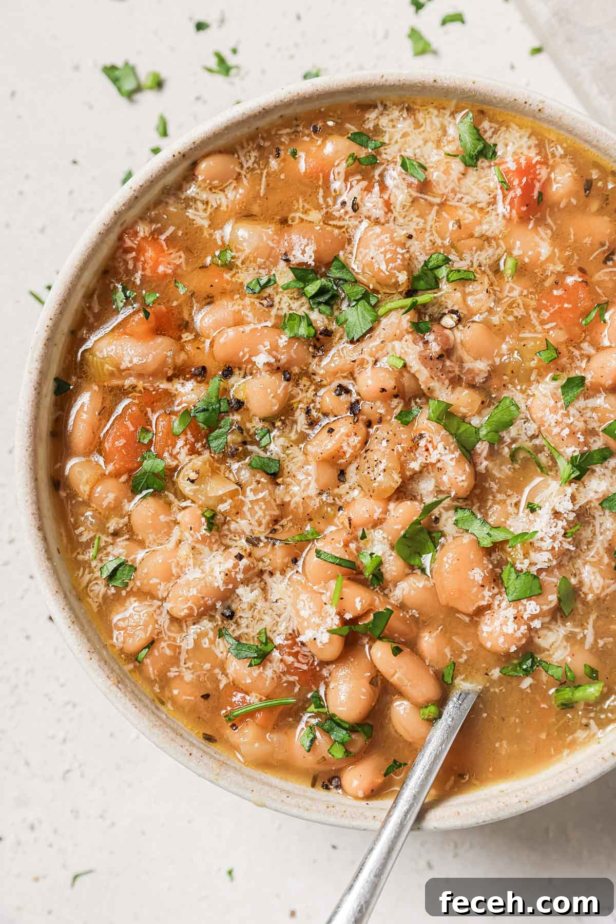 Instant Pot Navy Bean Soup Recipe for Creamy, Hearty Comfort 2 A bowl of Instant Pot navy bean soup garnished with parsley and grated cheese.