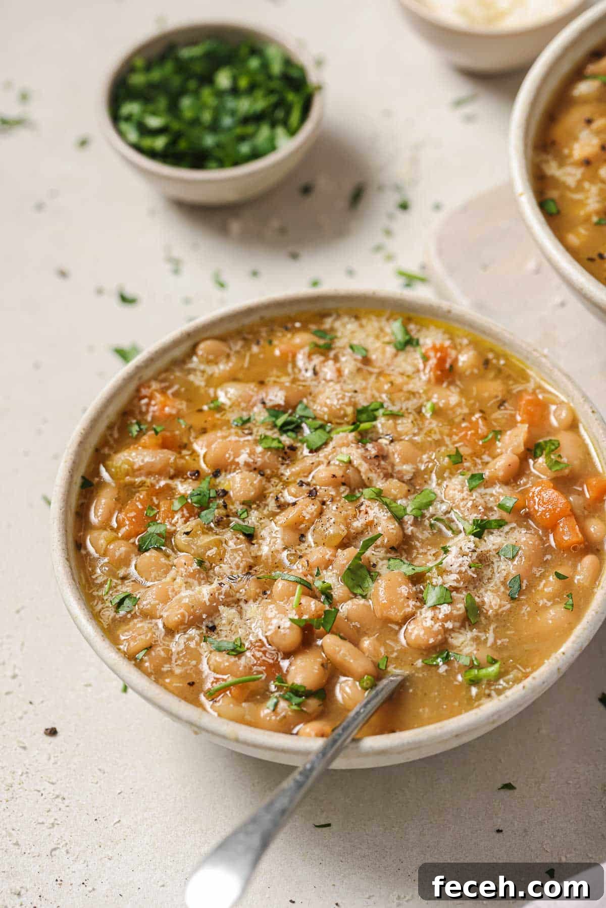 Instant Pot Navy Bean Soup Recipe for Creamy, Hearty Comfort 12 A bowl of Instant Pot navy bean soup garnished with fresh herbs and grated cheese, accompanied by a spoon, with a small bowl of chopped herbs in the background.