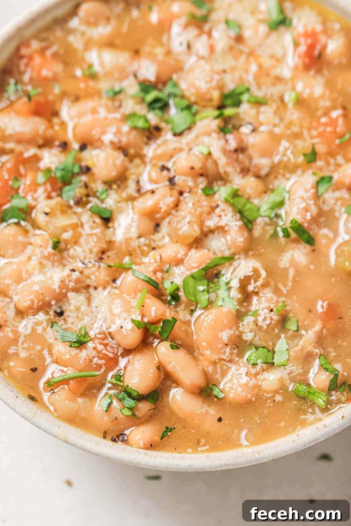 Instant Pot Navy Bean Soup Recipe for Creamy, Hearty Comfort 14 A bowl of Instant Pot navy bean soup garnished with herbs and grated cheese.