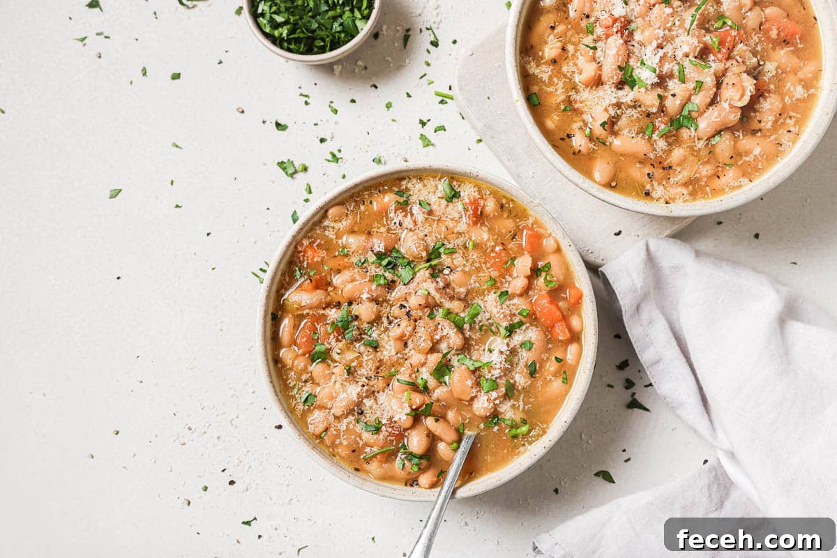 Instant Pot Navy Bean Soup Recipe for Creamy, Hearty Comfort 15 A bowl of Instant Pot navy bean soup garnished with cheese and herbs, on a light background with scattered ingredients.