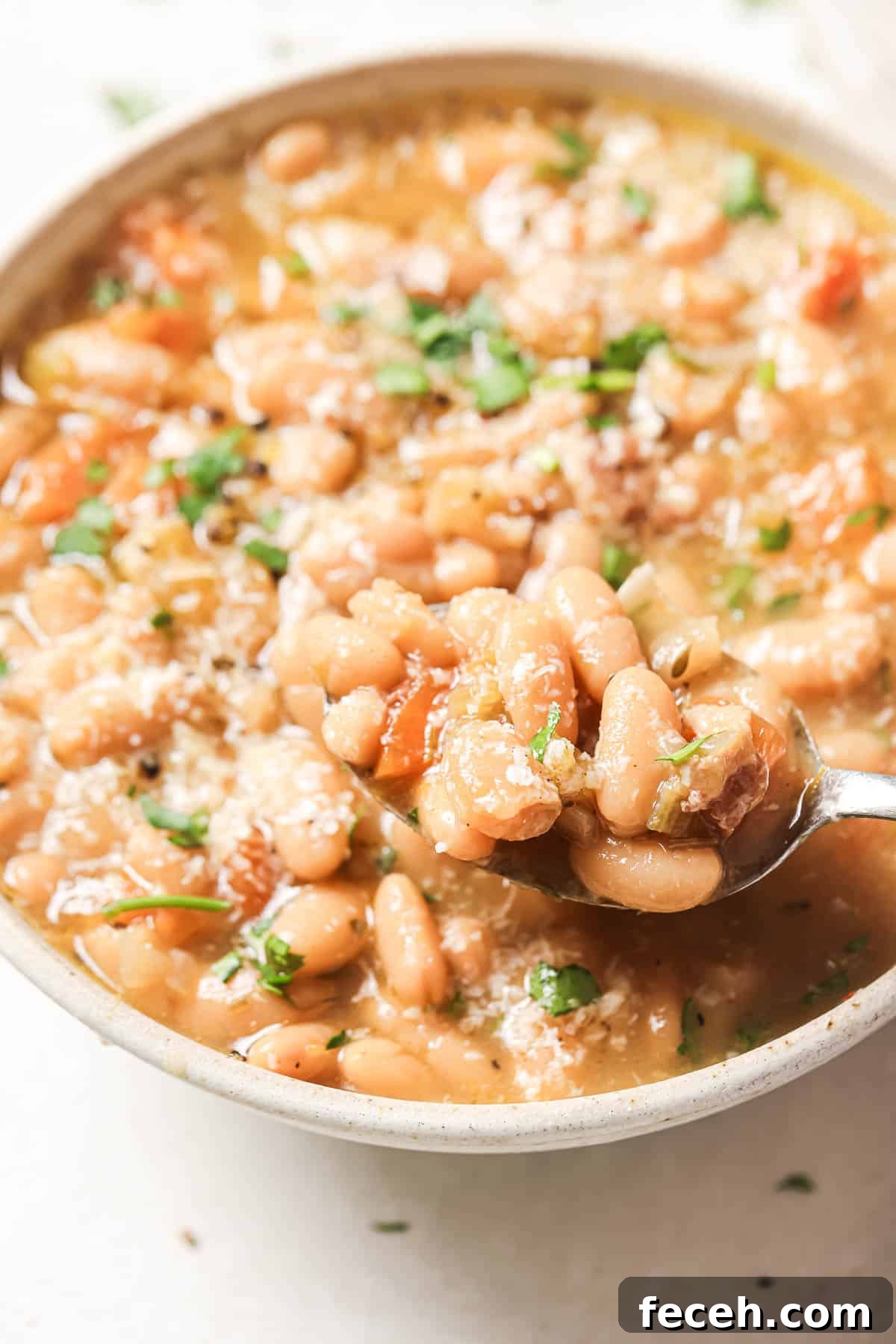 Instant Pot Navy Bean Soup Recipe for Creamy, Hearty Comfort 3 A bowl of Instant Pot navy bean soup garnished with parsley, ready to be served.