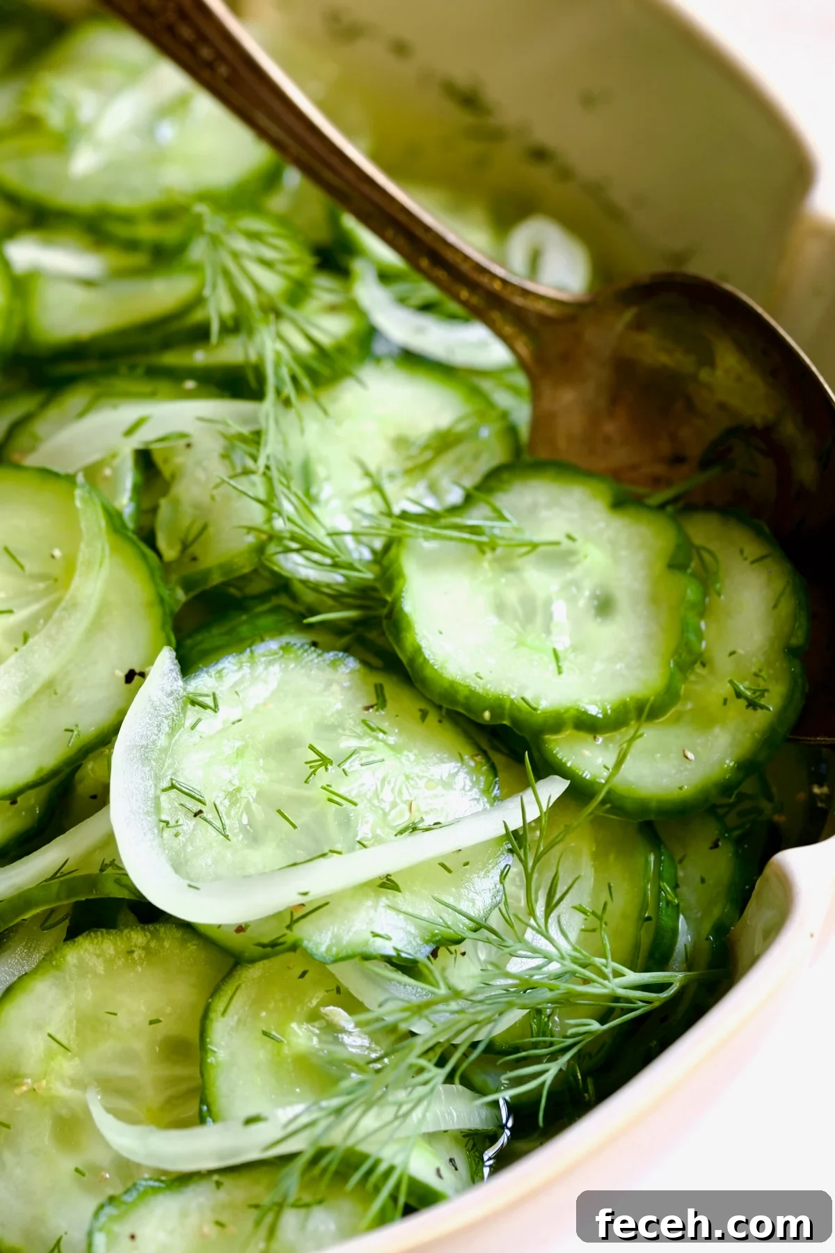 Cucumber Onion Salad in serving bowl with serving spoon.