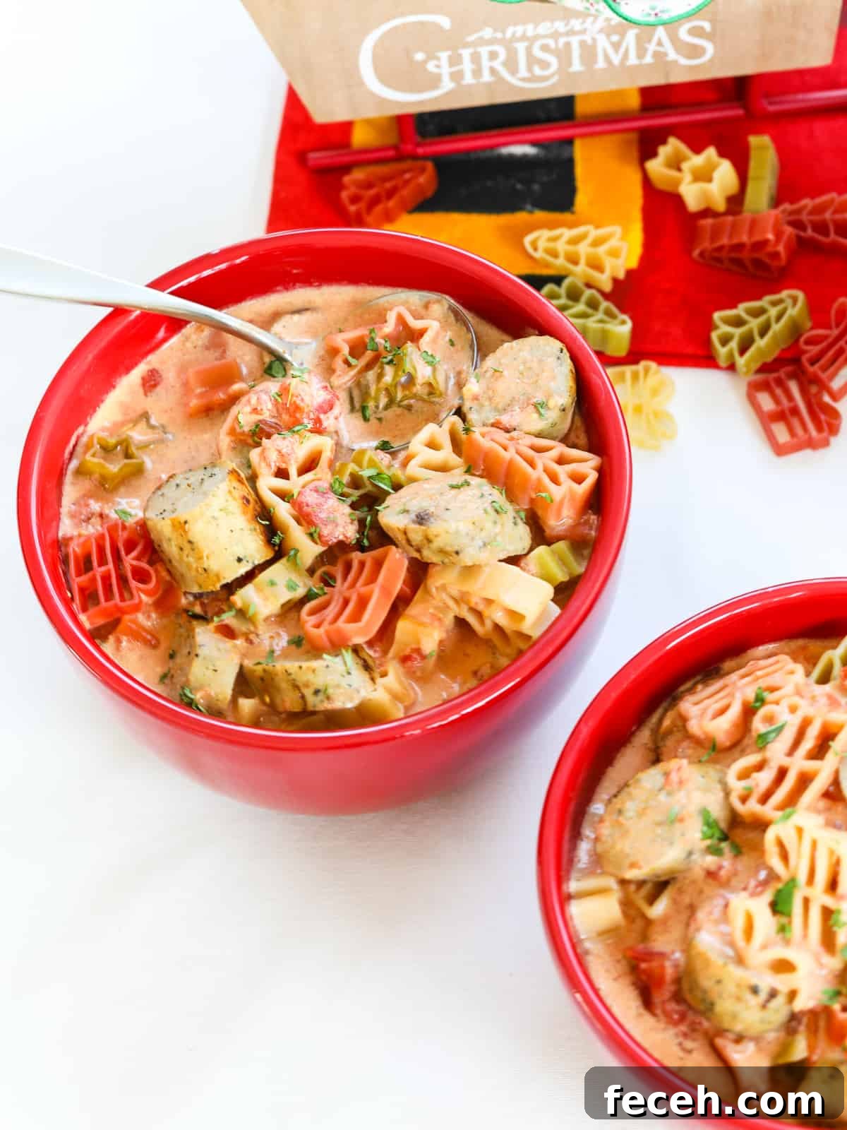 Red bowls of Christmas soup