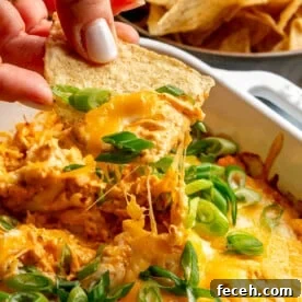 A person using a tortilla chip to scoop buffalo chicken dip.