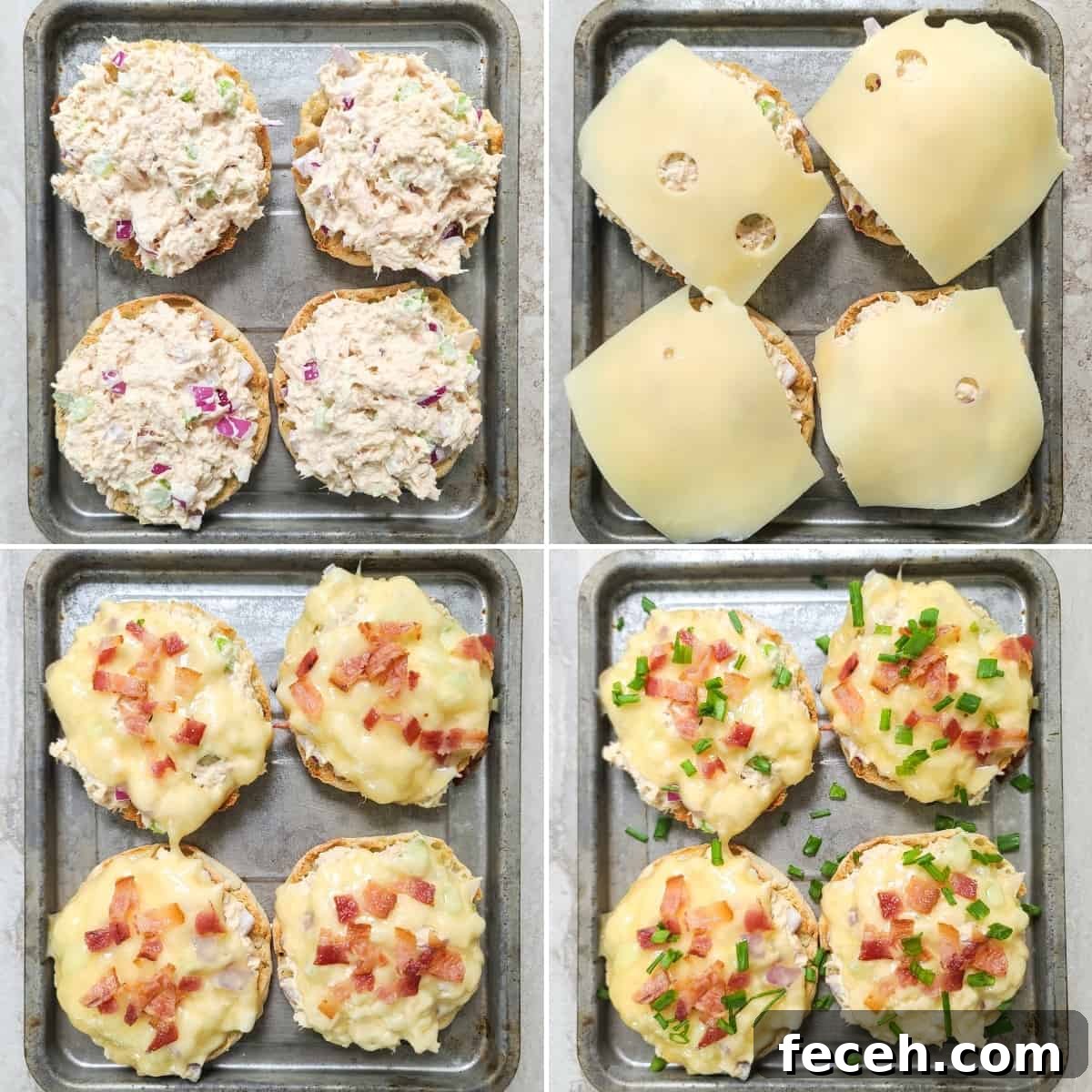 Bacon-Topped Open-Faced Tuna Melt Recipe 4 collage of 4 photos showing assembly of recipe: tuna salad on 4 halves of English muffins; topped with cheese; topped with bacon; topped with chives