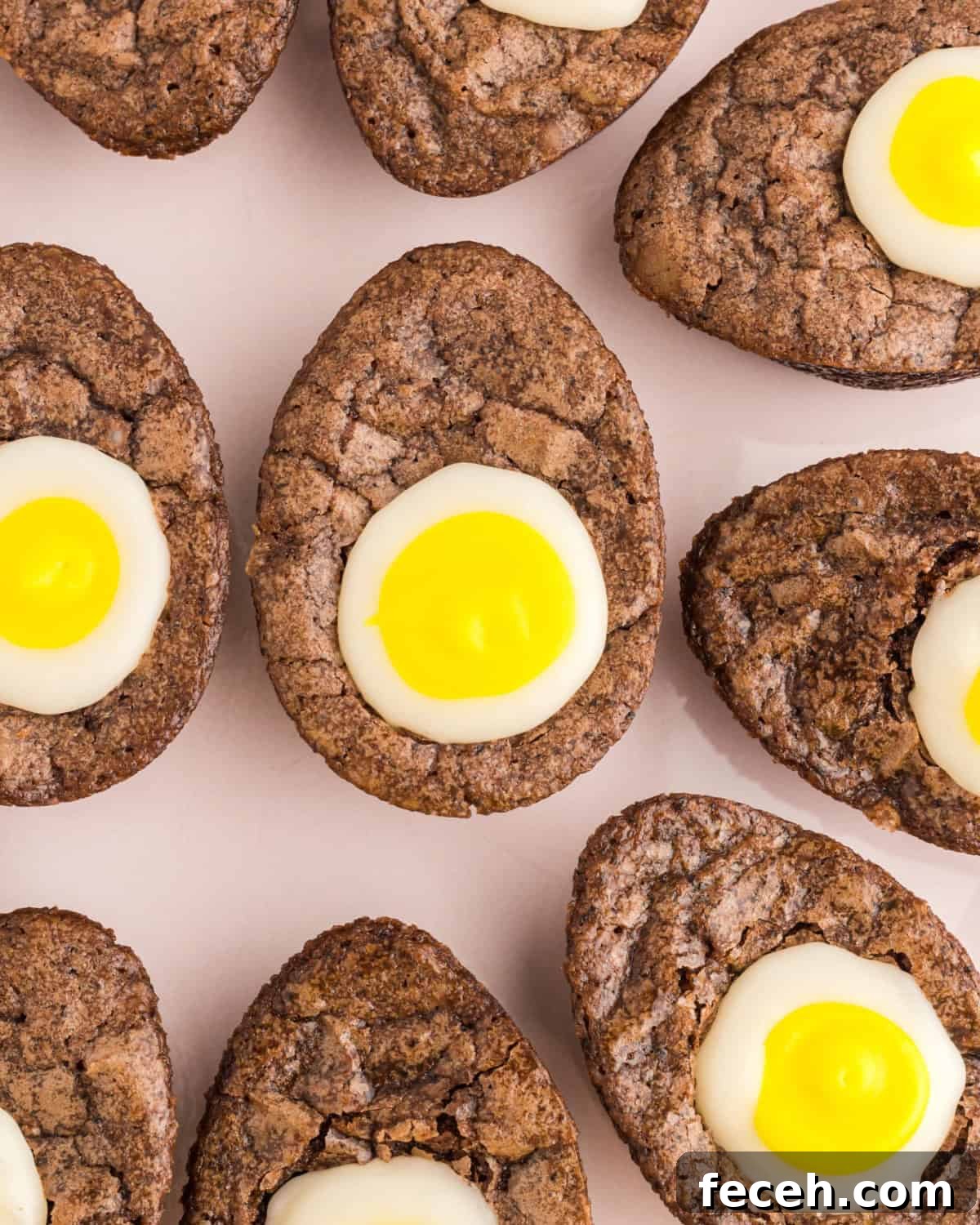 closeup of creme filled egg brownies on a pink tray.