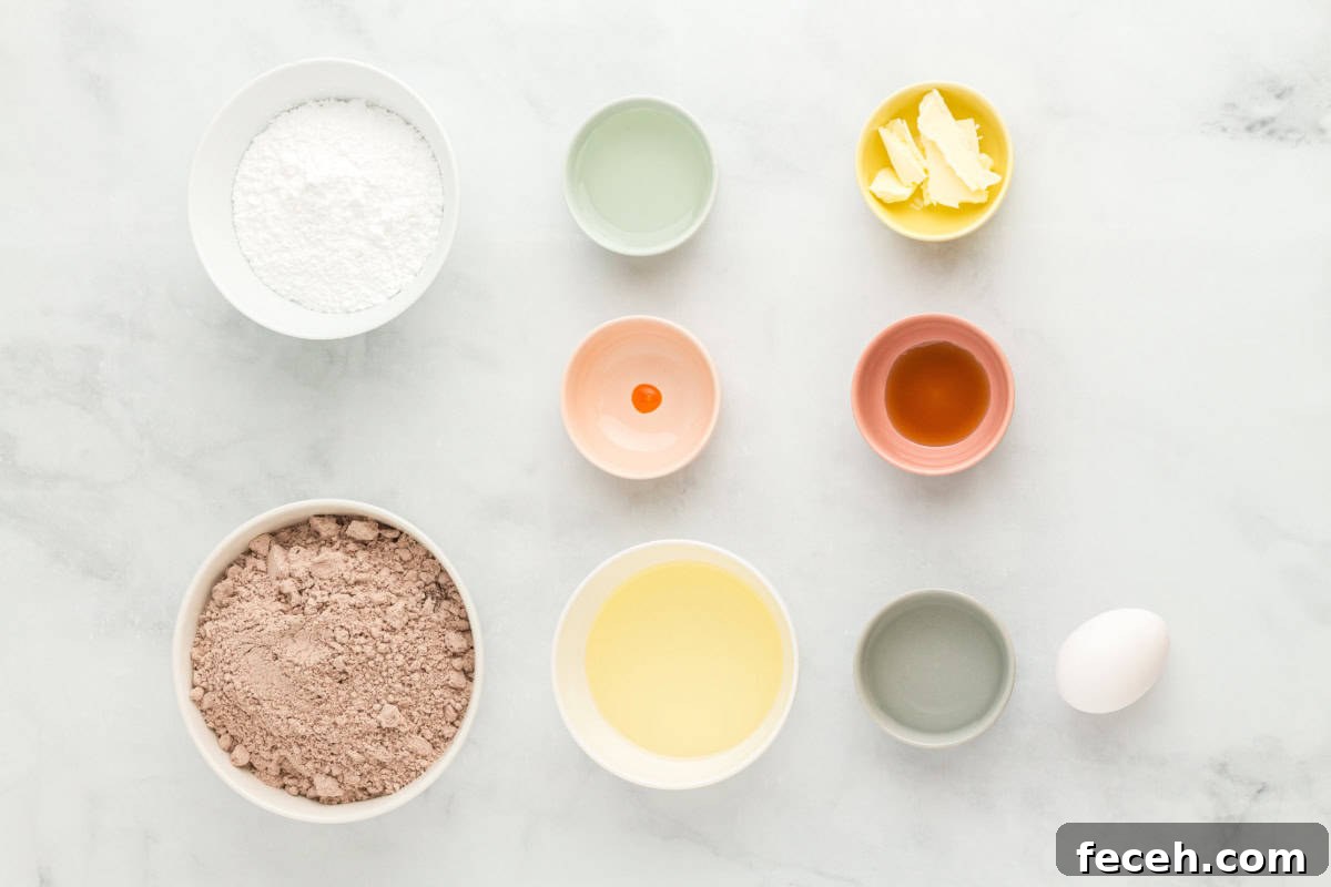 measured ingredients for creme egg brownies in individual bowls.