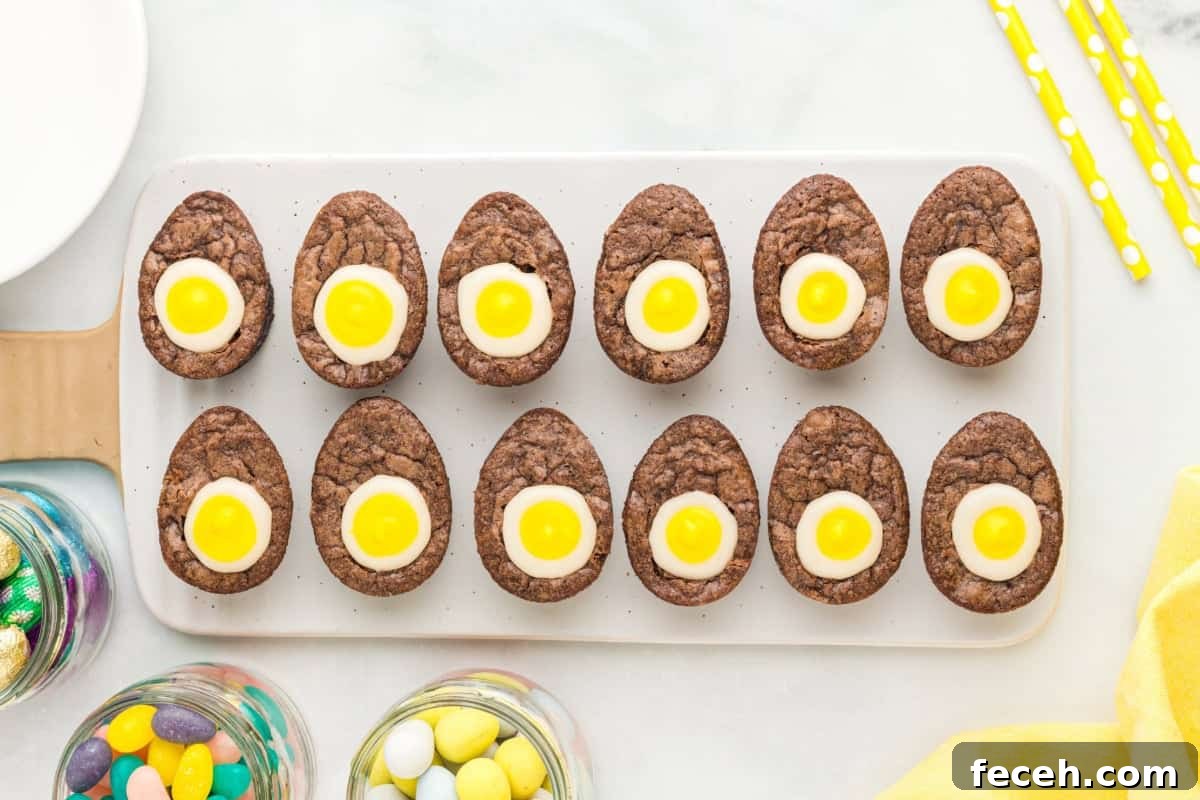 egg-shaped brownies filled with a white and yellow egg yolk center.