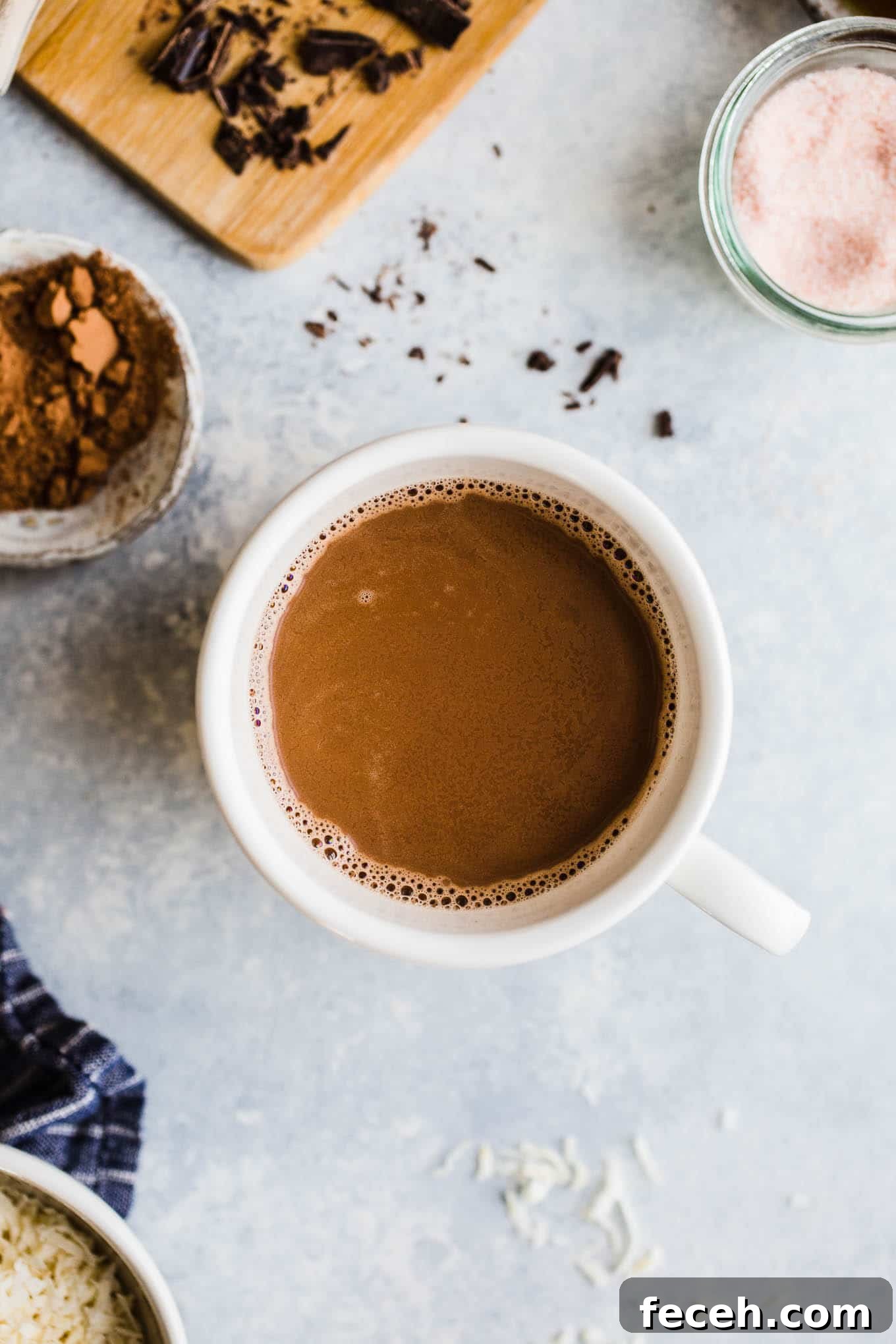 Toasted Coconut Vegan Hot Chocolate Recipe — Cozy Dairy-Free Cocoa 3 Toasted coconut hot chocolate in a mug.