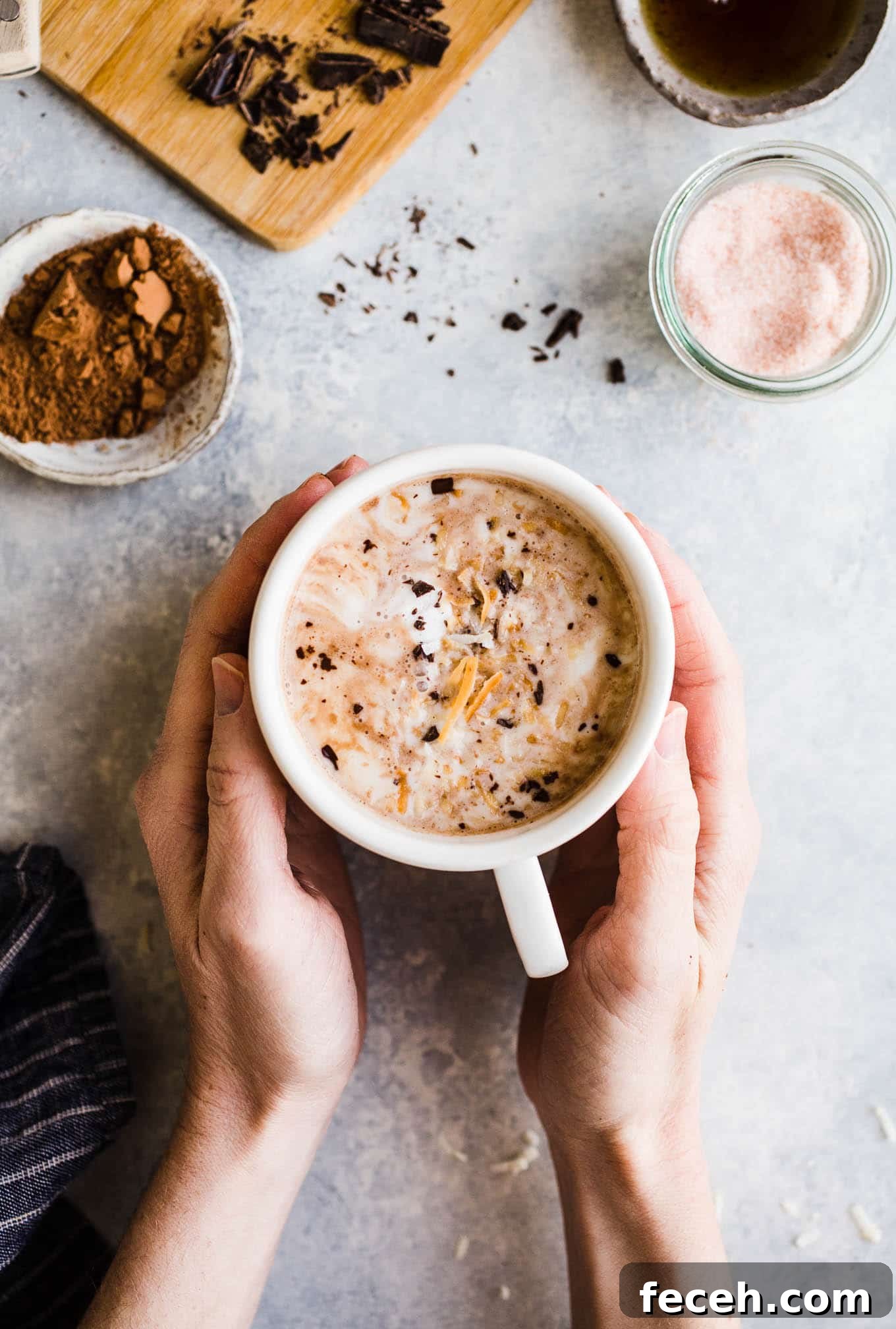 Toasted Coconut Vegan Hot Chocolate Recipe — Cozy Dairy-Free Cocoa 5 Toasted coconut hot chocolate topped with coconut whipped cream, chocolate shavings, and toasted coconut.