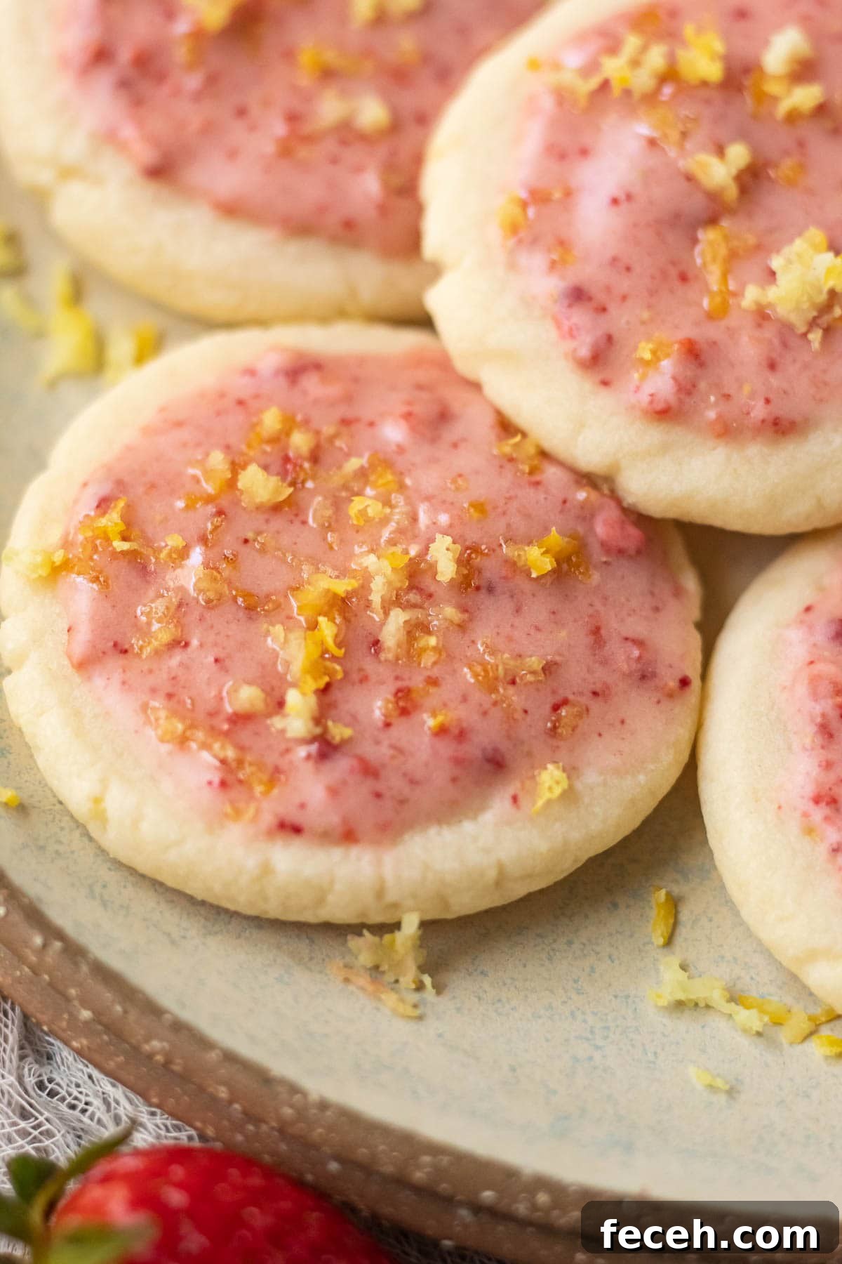 lemon shortbread cookies with strawberry glaze on a gray plate