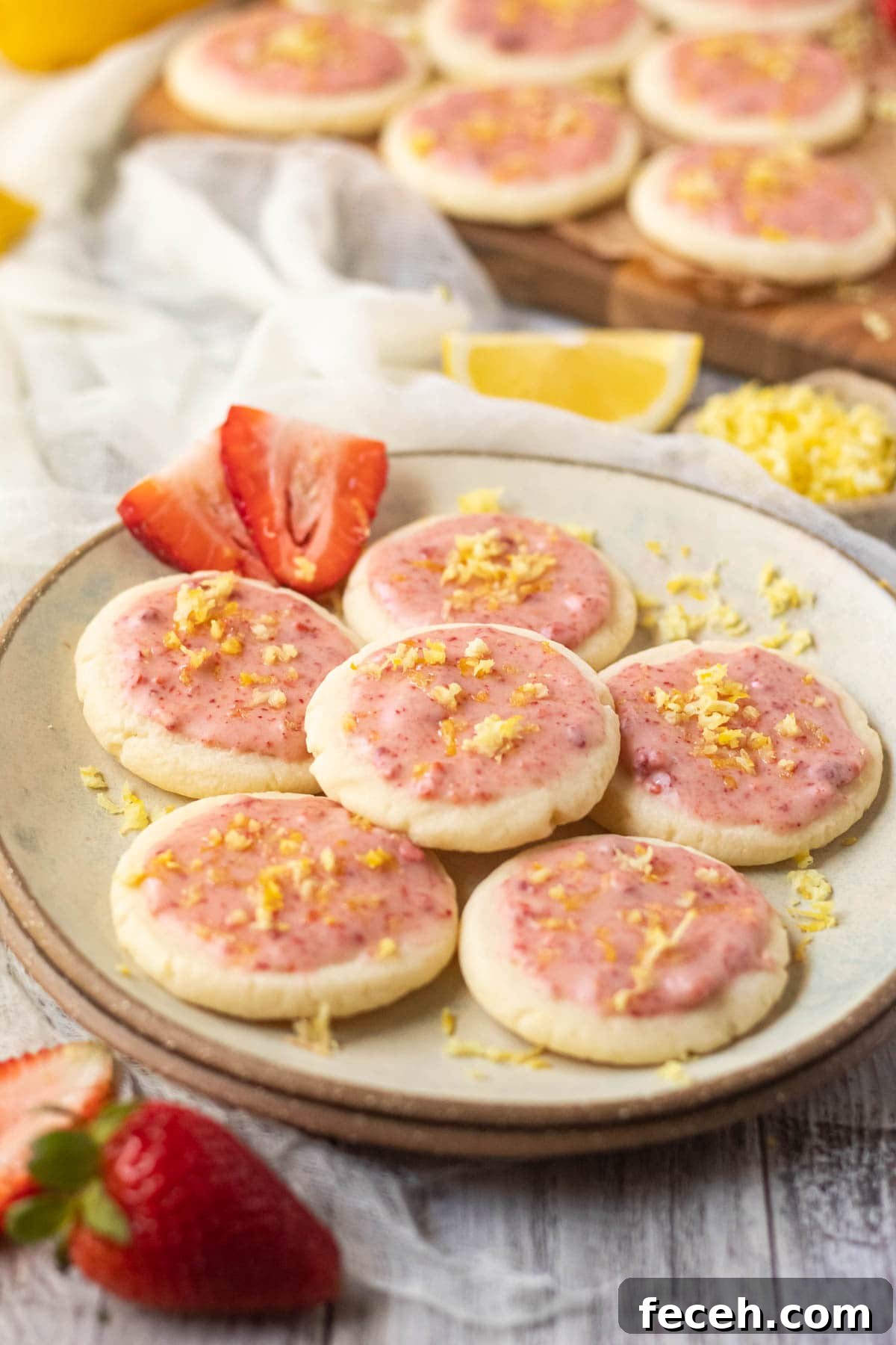 lemon shortbread cookies with strawberry glaze on a gray plate