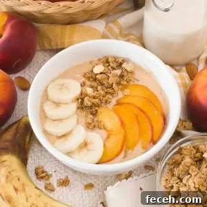 Peach Banana Smoothie Bowl topped with Vanilla Almond Granola 14 How to make the BEST-TASTING healthy peach banana smoothie bowl w/ vanilla almond granola all naturally sweetened. For high protein & energy!