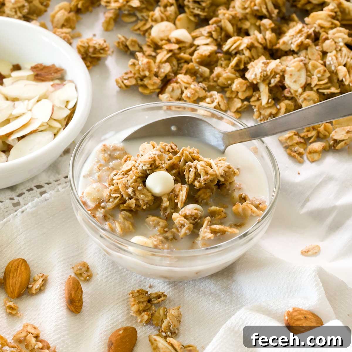 Peach Banana Smoothie Bowl topped with Vanilla Almond Granola 4 Juiced and zested orange on a kitchen counter.
