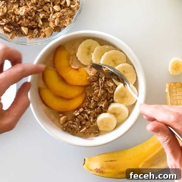 Peach Banana Smoothie Bowl topped with Vanilla Almond Granola 8 Mixing cranberries into muffin batter.