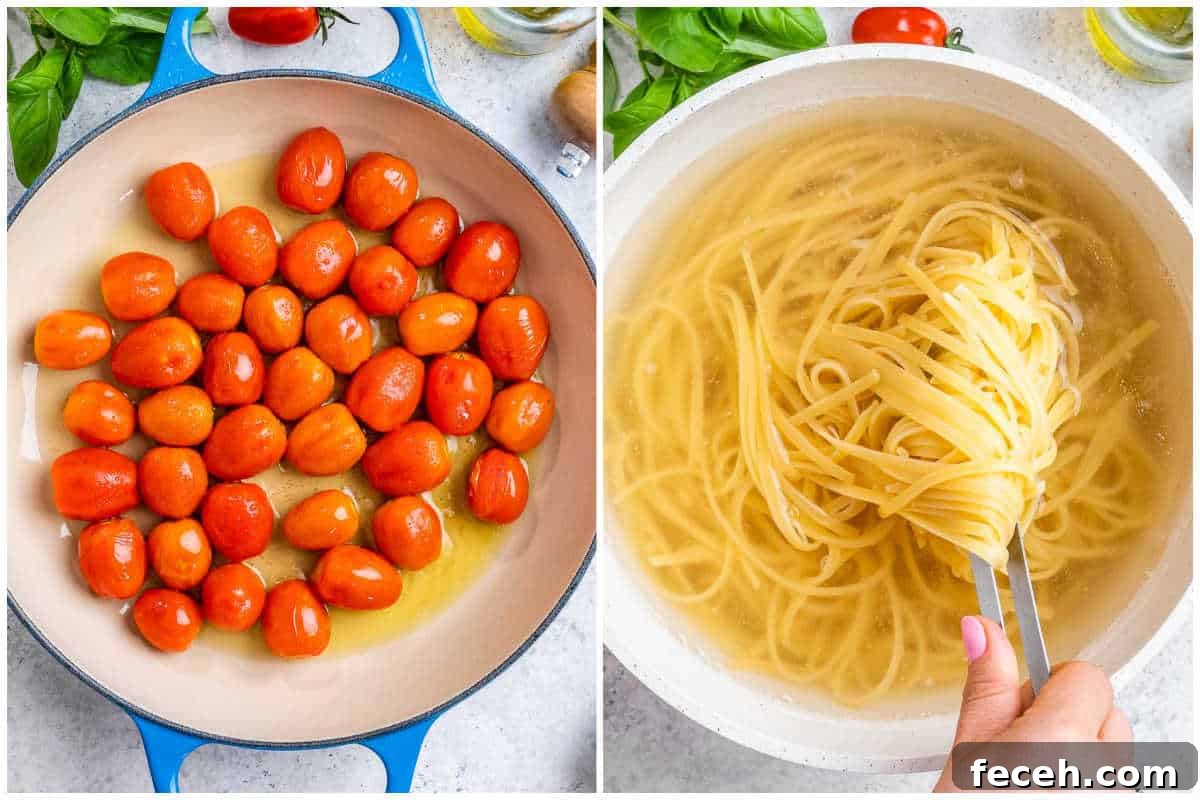 process shot to cook the tomato in a pan and the pasta in a pot.