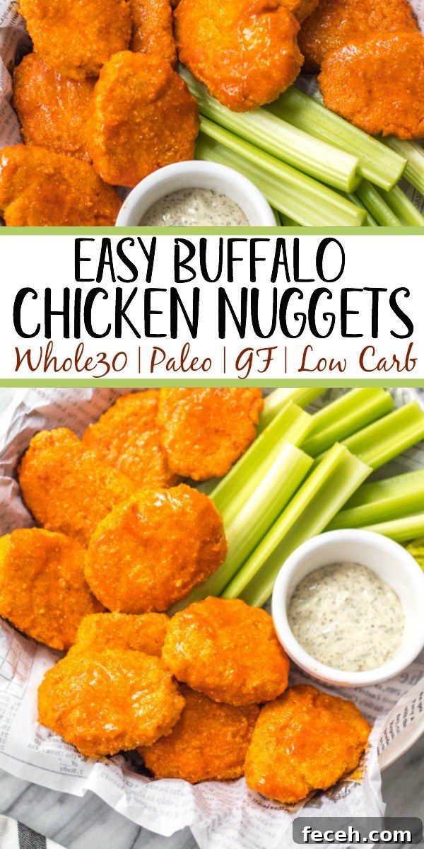 Buffalo chicken nuggets These buffalo chicken nuggets are the best easy and healthy weeknight dinner or meal prep idea. They're Whole30, Paleo, gluten-free, low carb and perfect for lunch, dinner, appetizers and even chopped up to make a buffalo chicken salad! It's a simple Whole30 ground chicken recipe that only takes a few ingredients and a few minutes in the oven! #whole30chickenrecipes #whole30groundchicken #whole30buffalo #paleochicken #glutenfree