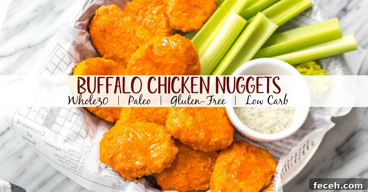 Buffalo chicken nuggets These buffalo chicken nuggets are the best easy and healthy weeknight dinner or meal prep idea. They're Whole30, Paleo, gluten-free, low carb and perfect for lunch, dinner, appetizers and even chopped up to make a buffalo chicken salad! It's a simple Whole30 ground chicken recipe that only takes a few ingredients and a few minutes in the oven! #whole30chickenrecipes #whole30groundchicken #whole30buffalo #paleochicken #glutenfree