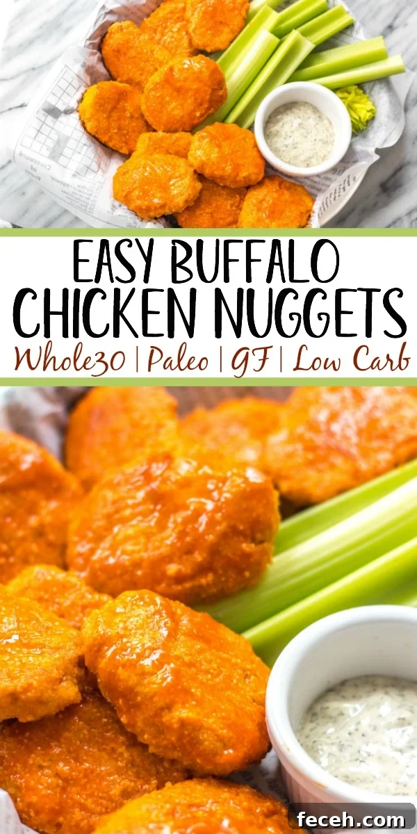 Buffalo chicken nuggets These buffalo chicken nuggets are the best easy and healthy weeknight dinner or meal prep idea. They're Whole30, Paleo, gluten-free, low carb and perfect for lunch, dinner, appetizers and even chopped up to make a buffalo chicken salad! It's a simple Whole30 ground chicken recipe that only takes a few ingredients and a few minutes in the oven! #whole30chickenrecipes #whole30groundchicken #whole30buffalo #paleochicken #glutenfree