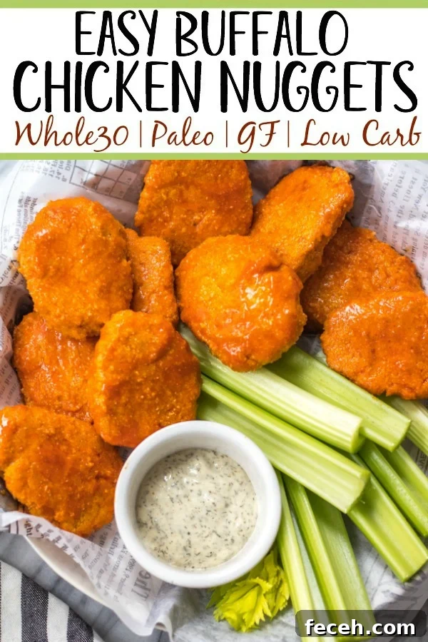 Buffalo chicken nuggets These buffalo chicken nuggets are the best easy and healthy weeknight dinner or meal prep idea. They're Whole30, Paleo, gluten-free, low carb and perfect for lunch, dinner, appetizers and even chopped up to make a buffalo chicken salad! It's a simple Whole30 ground chicken recipe that only takes a few ingredients and a few minutes in the oven! #whole30chickenrecipes #whole30groundchicken #whole30buffalo #paleochicken #glutenfree