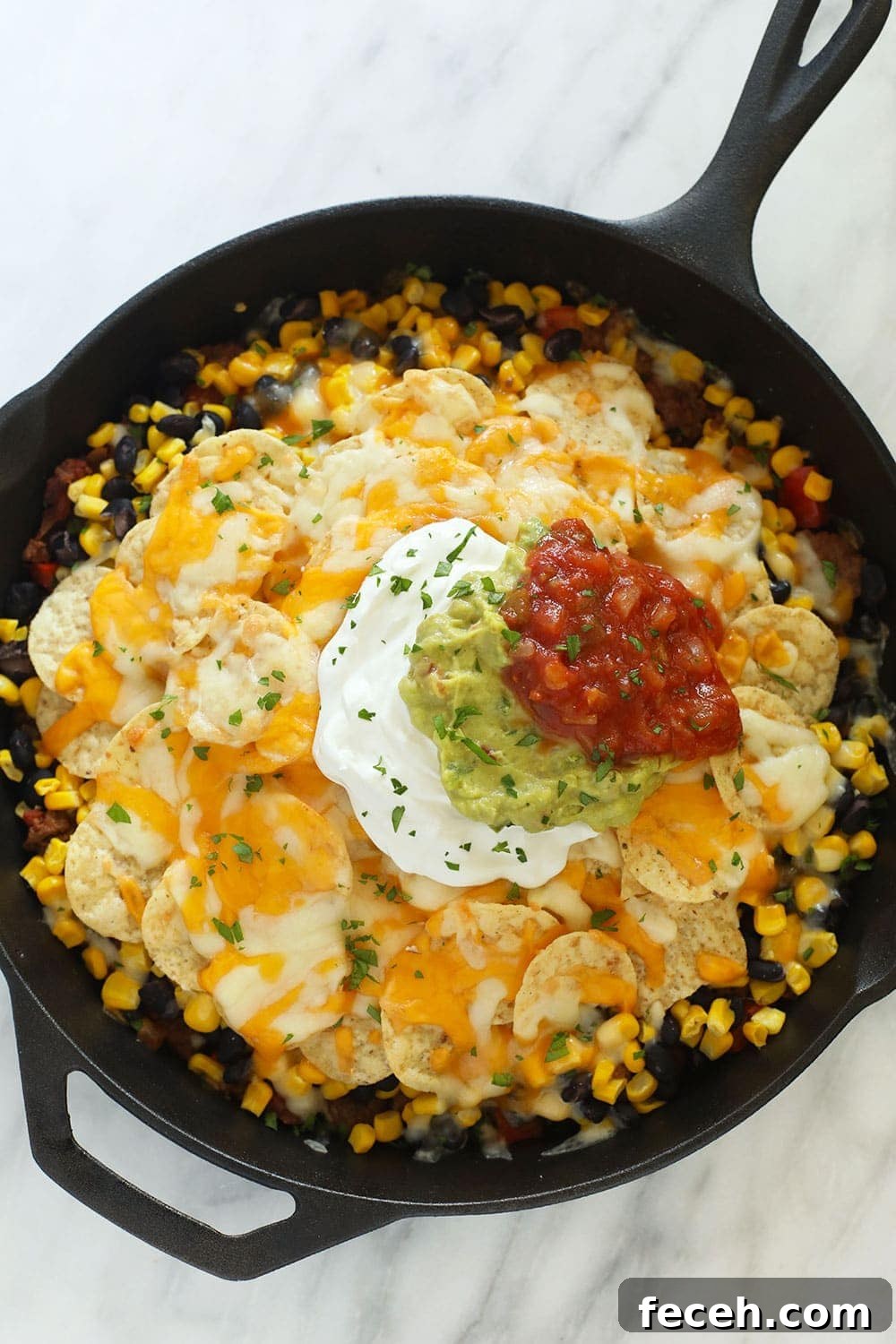easy taco casserole in a cast iron skillet