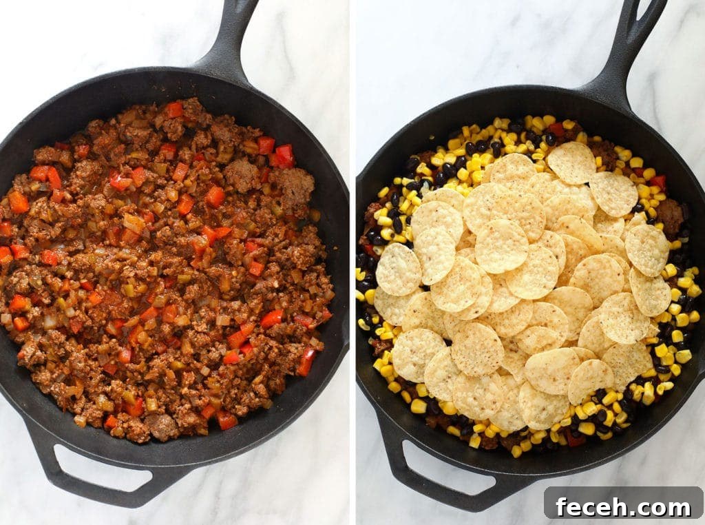 easy taco casserole ingredients in a cast iron skillet ready to be baked