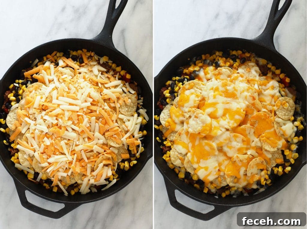 easy taco casserole topped with shredded cheese before and after being baked
