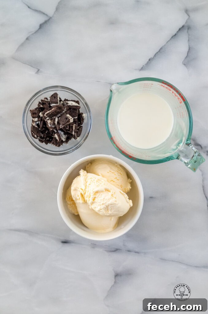 Cookies and Cream Milkshake Recipe — Creamy Oreo Shake Guide 3 top down view of ingredients in cookies and cream milkshake
