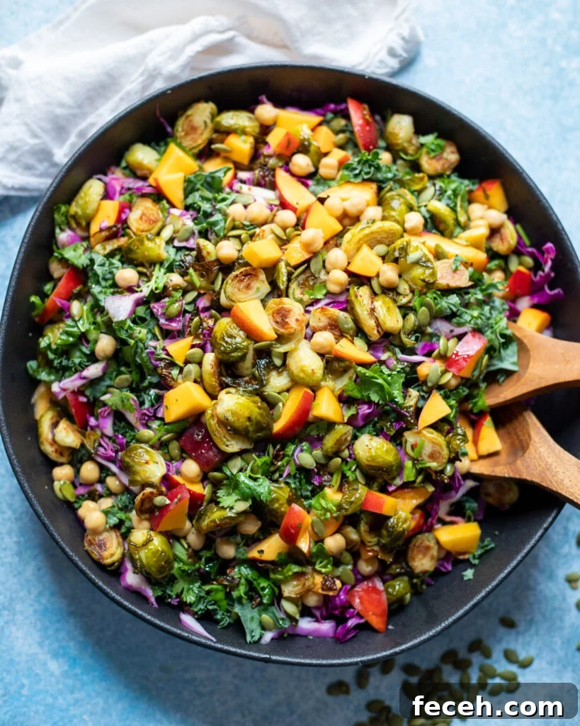 top view of a dark salad bowl filled with chopped veggie salad withgrilled brussels sprouts, peppers, kale, shredded red cabbage, nectarines and chickpeas with lime salad dressing.