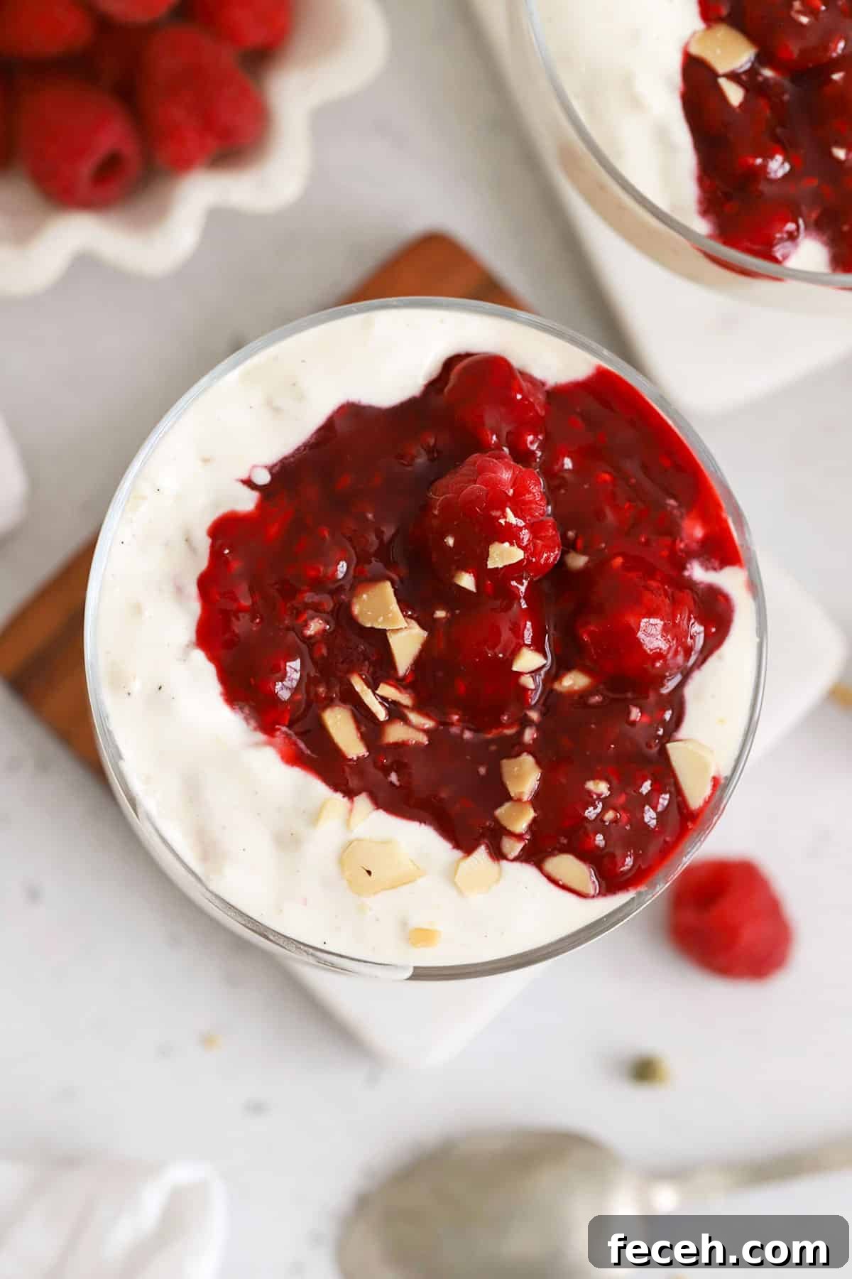A bowl of risalamande (Danish rice pudding) with raspberry sauce