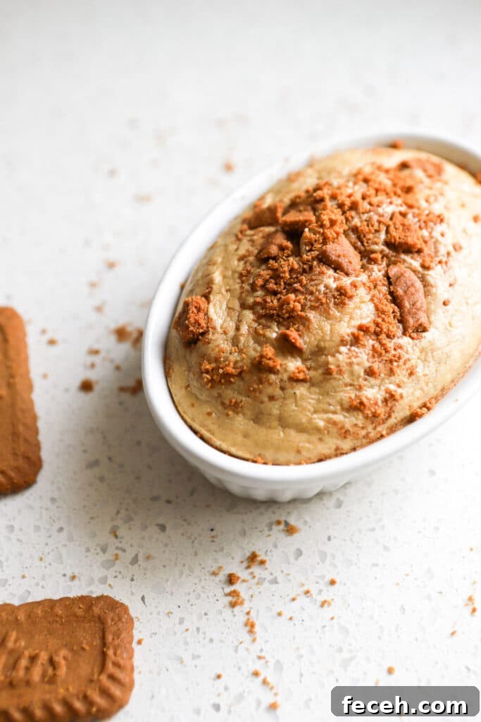 single serving biscoff baked oats in white ramekin with lotus biscoff cookies on the side