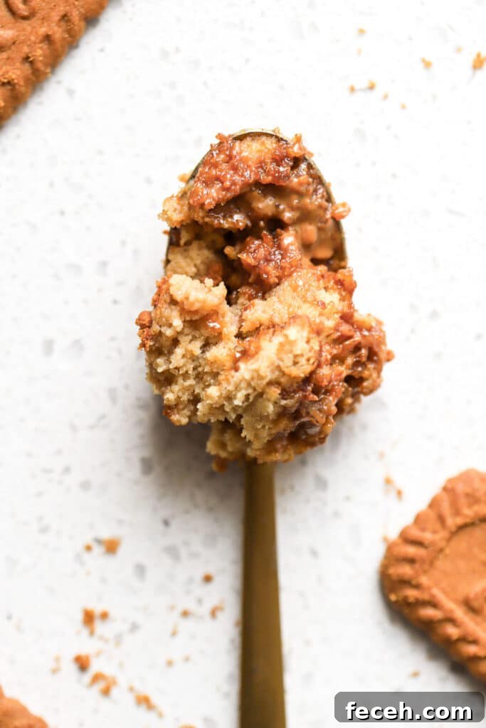 spoonful of healthy biscoff baked oats showing molten cookie butter center