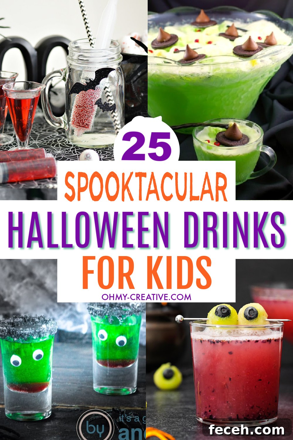 25 Spooky Halloween Drinks Kids Will Love 3 A collage of kids Halloween drinks including witch's brew and creepy eyeball drinks.