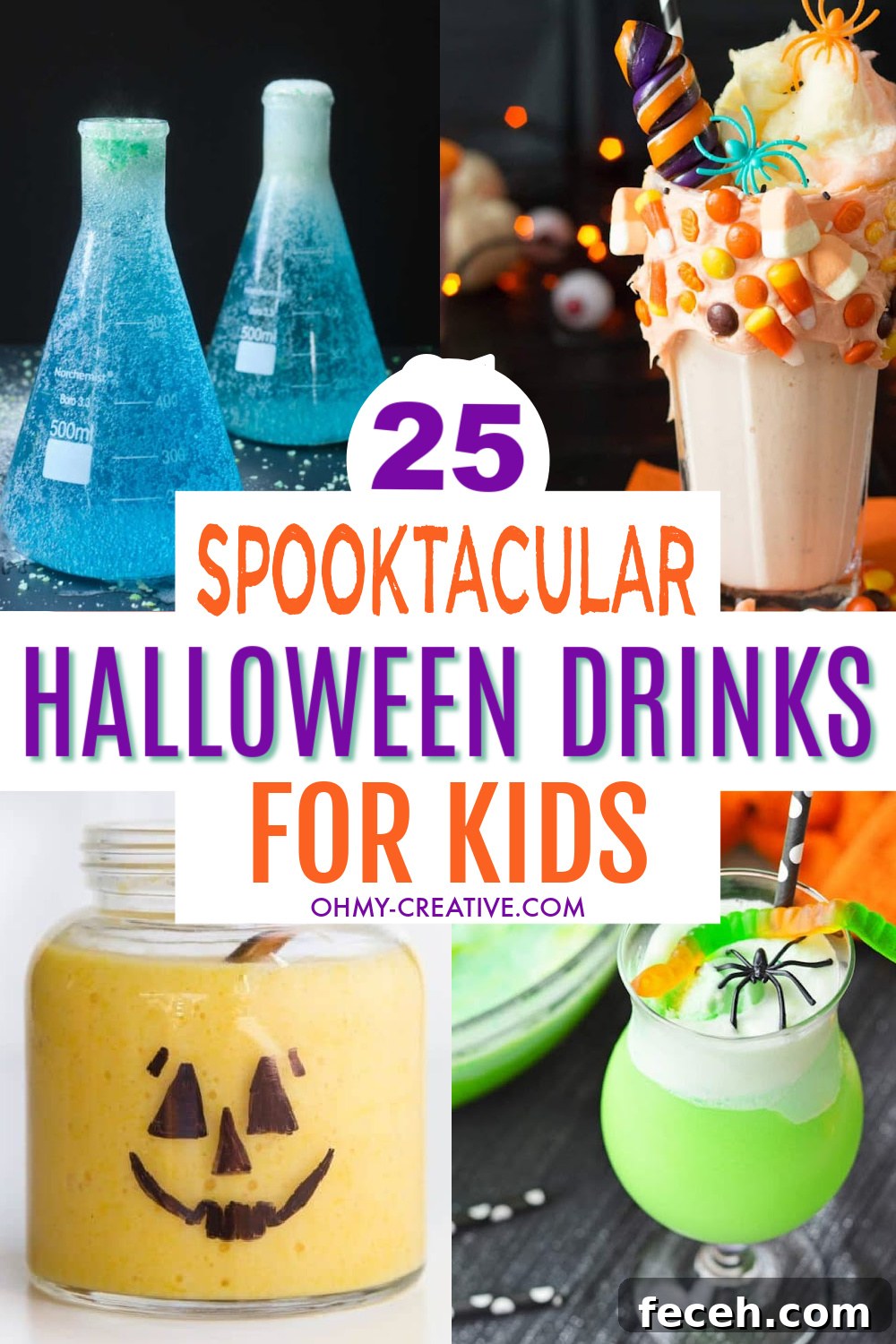 25 Spooky Halloween Drinks Kids Will Love 4 A collage of kids Halloween drinks including witch's brew, pumpkin drinks and creepy green drinks.