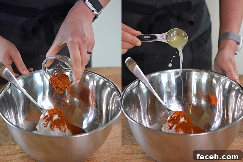 Making the marinade for Tandoori Fish by combining tandoori spices, coconut yogurt, and lemon juice in a silver bowl.