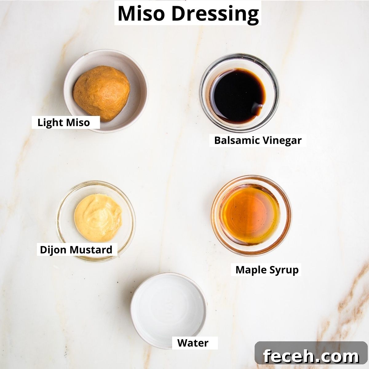 Miso dressing labeled ingredients: balsamic vinegar, light miso, dijon mustard, maple syrup, water.