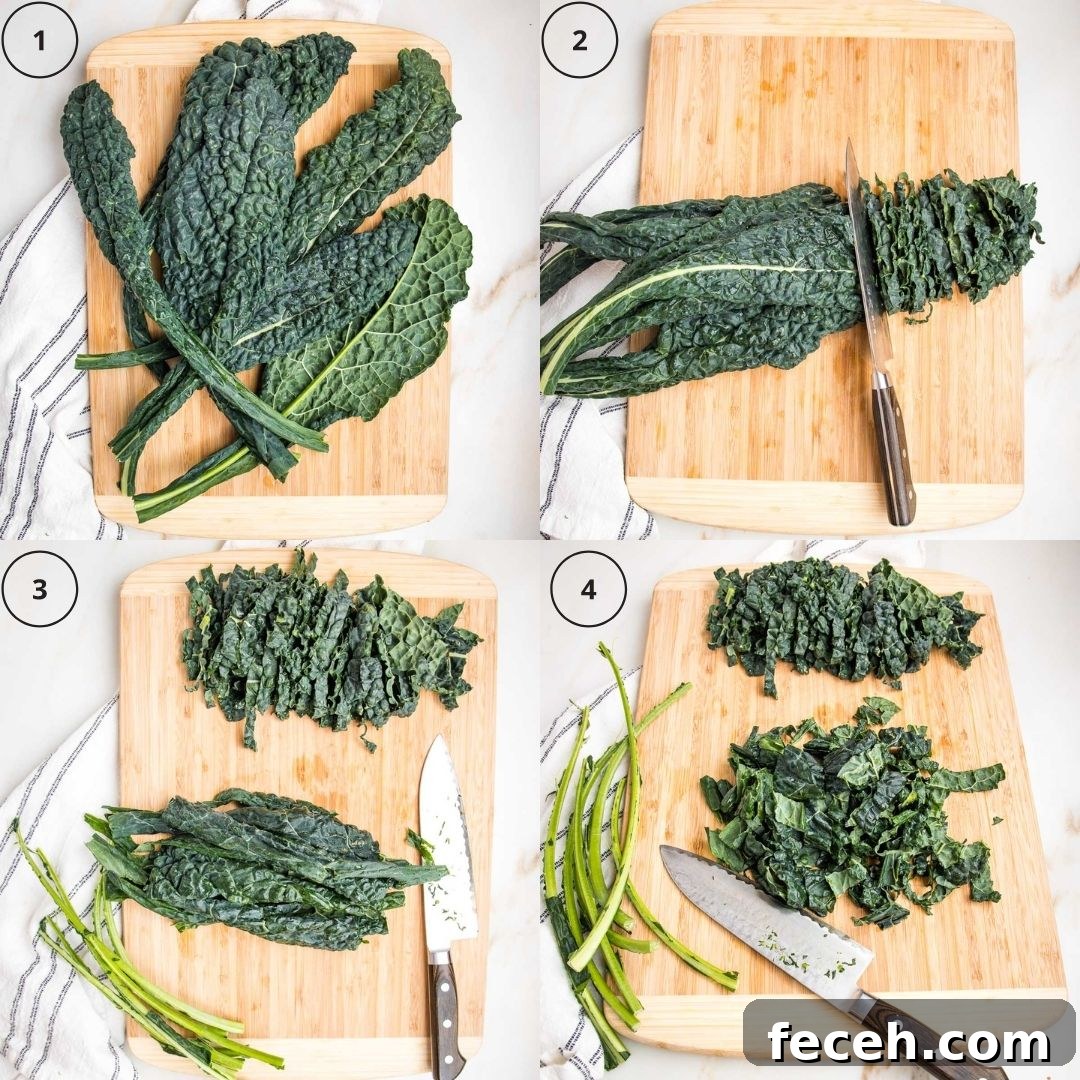 4 images of tuscan kale on a wooden cutting board showing phases of julienne slice.