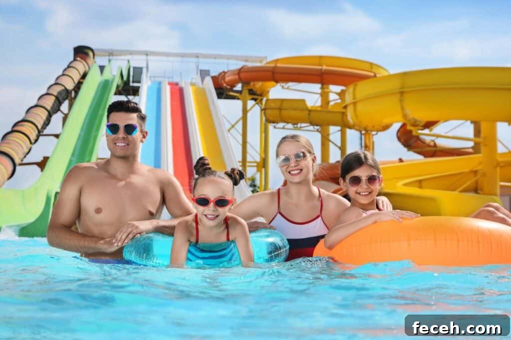 A family of four wearing swimsuits and sunglasses poses in a pool with inflatable rings, enjoying a fun day at the waterpark; water slides are visible in the background.