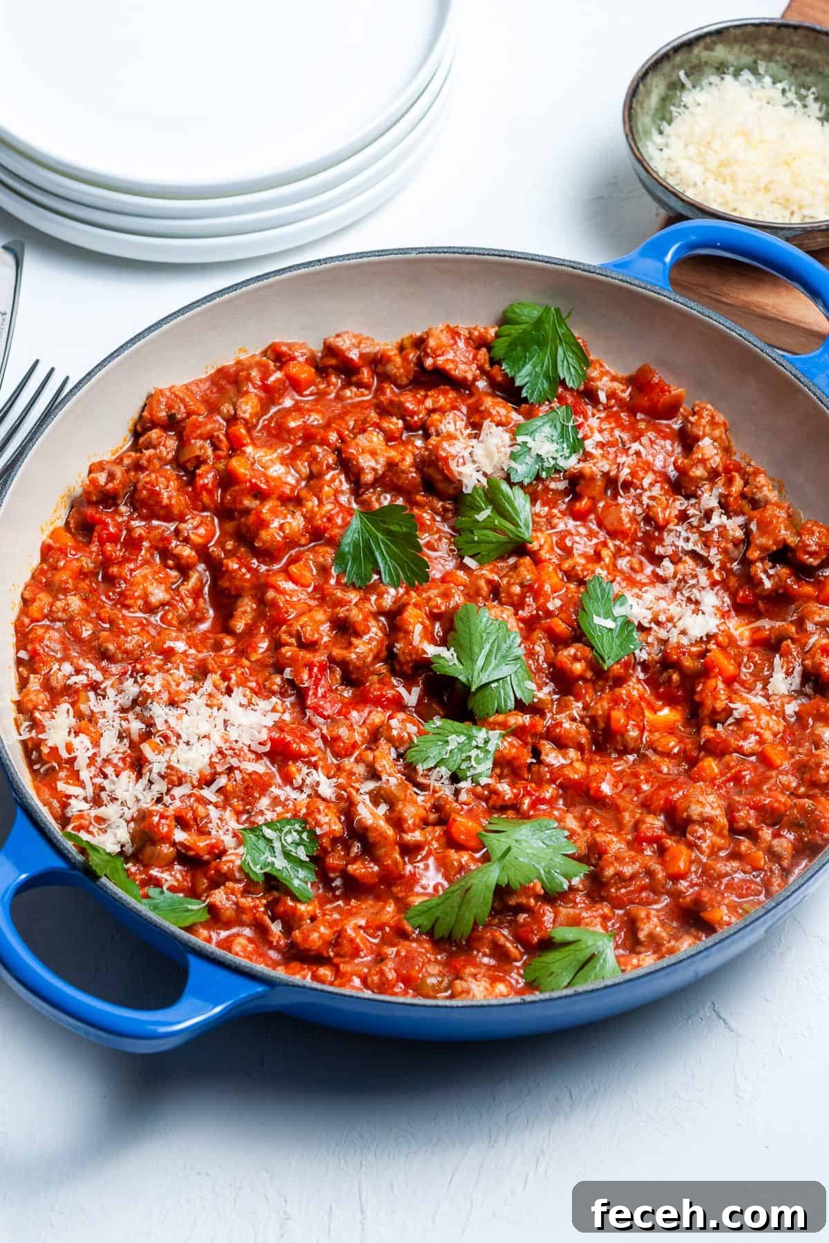 The finished ragu, garnished with some cheese and parsley.