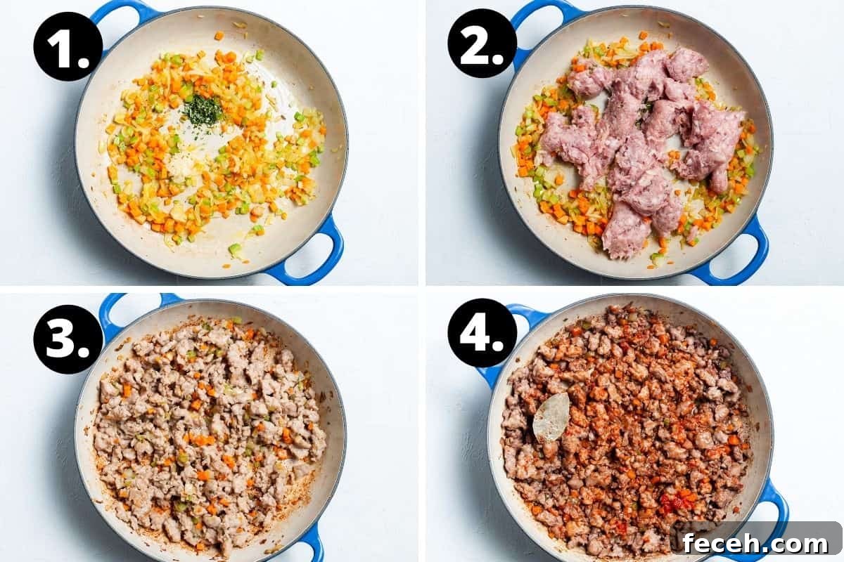 Steps 1-4 of preparing this recipe in a photo collage - cooking the vegetables, adding the sausage, the broken down sausage meat and adding the tomato paste and bay leaf.