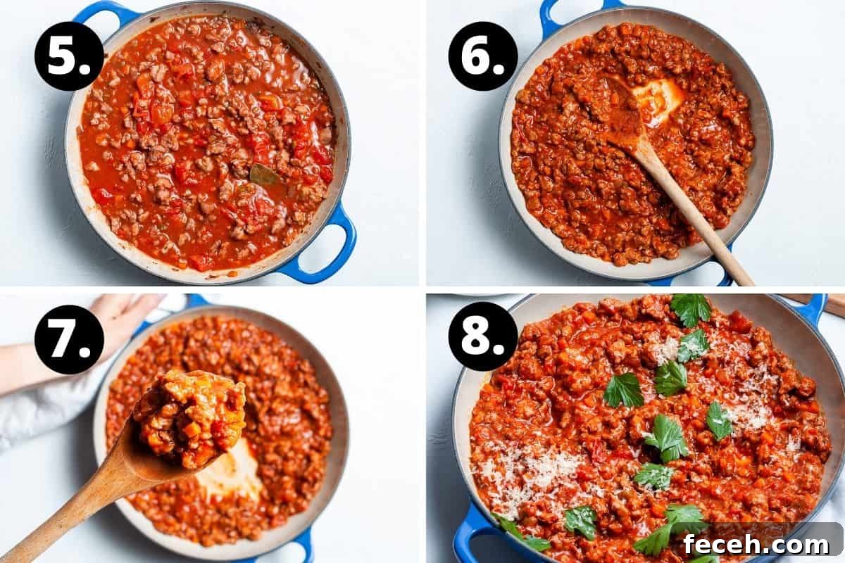 Steps 5-8 of preparing this recipe in a photo collage - adding the tomatoes to the pot, the sauce starting to thicken, a spoon holding up the thickened ragu and the finished dish.